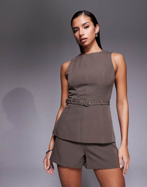 Rare London 2 in 1 belted romper in mocha - view 1