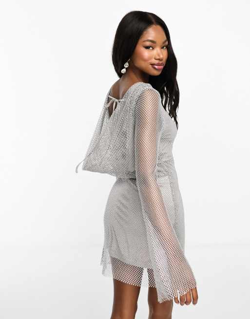 Rare London all over diamante mesh flared sleeve mini dress in silver