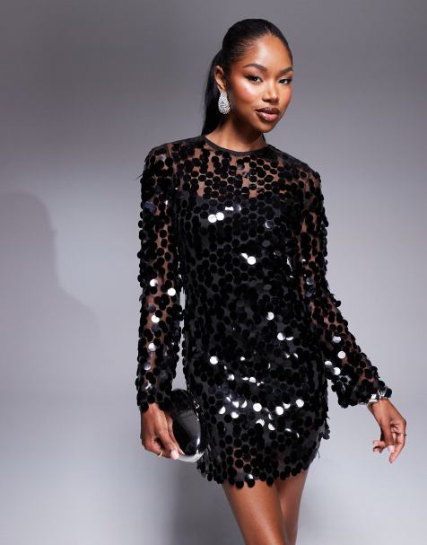 Rare London all over disk sequin mini dress in black