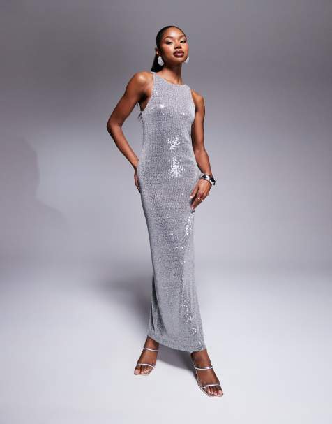 Rare London – Ärmelloses Pailletten-Maxikleid in Silber - view 1