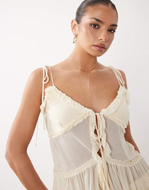 Rare London – Babydoll-Camisole aus Chiffon in Cremeweiß mit Riemchenträgern, Kombiteil - view 1