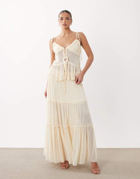 Rare London babydoll strappy chiffon cami top and maxi skirt co-ord in cream - CREAM - view 1