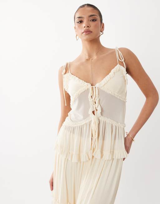 Rare London babydoll strappy chiffon cami top co-ord in cream, 2 of 4