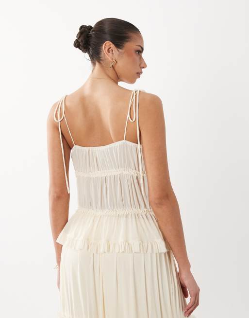 Rare London babydoll strappy chiffon cami top co-ord in cream, 3 of 4
