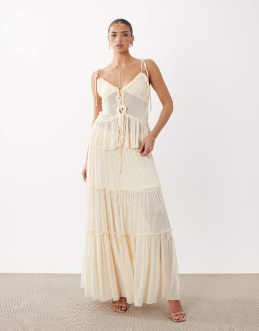 Rare London babydoll strappy chiffon cami top co-ord in cream, 4 of 4