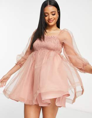 Rare London babydoll tulle dress in blush-Pink