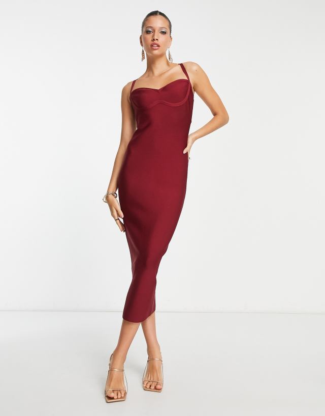 Rare London bandage body-conscious midi dress in wine