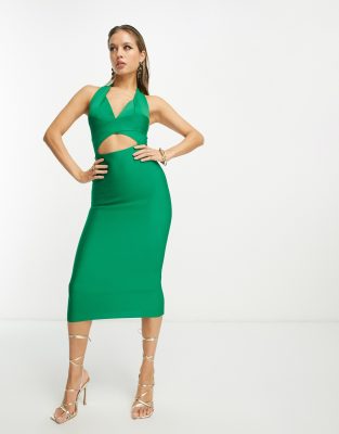 London bandage cut out midi dress in green