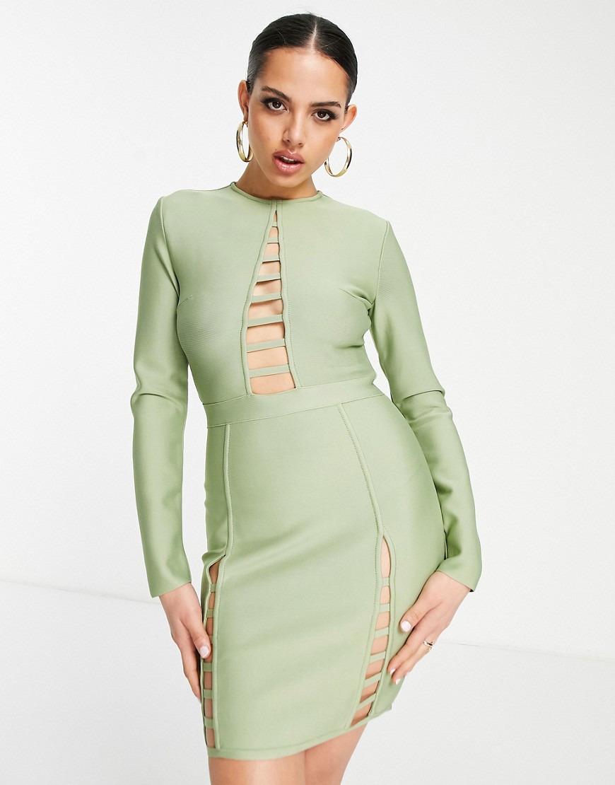 Rare London bandage mini dress with cut out details in sage-Green