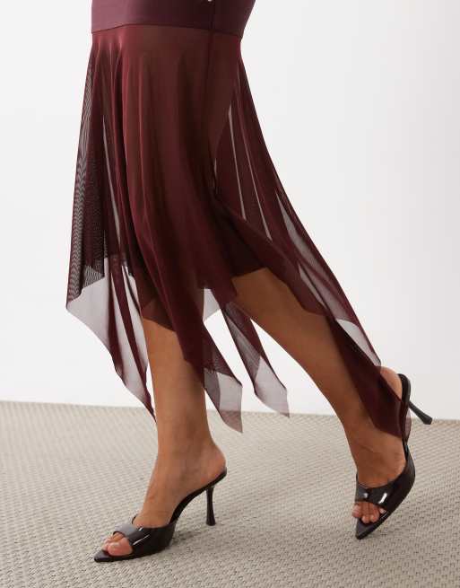 Rare London bandeau asymmetric chiffon skirt maxi dress in dark cherry, 3 of 4