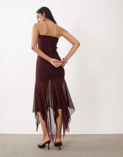 Rare London bandeau asymmetric chiffon skirt maxi dress in dark cherry, 4 of 4