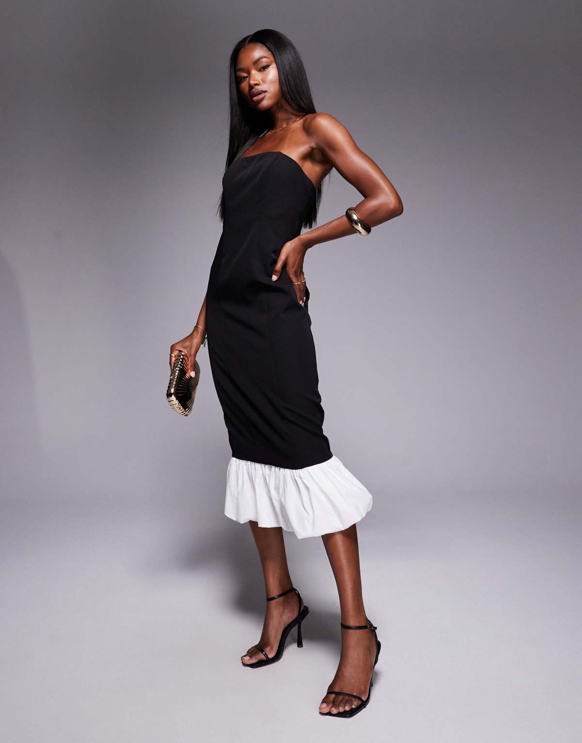 Rare London bandeau contrast bubble hem maxi dress in black