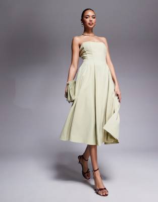 London bandeau corset full skirt midi dress in olive-Green