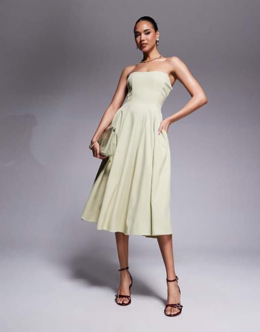 Rare London bandeau corset full skirt midi dress in olive | ASOS