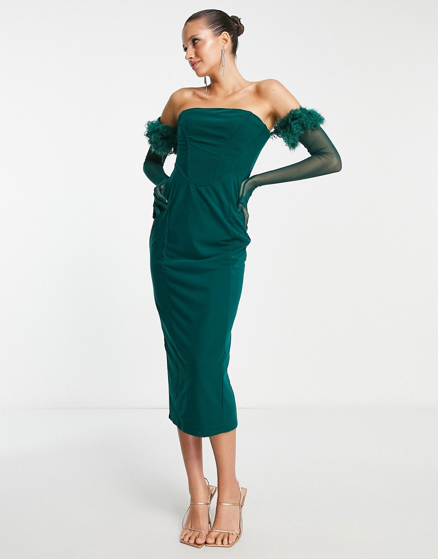 London bandeau corset midi bodycon dress with faux feather gloves in green