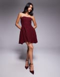[Rare] Rare London bandeau dropped pleat side mini dress in red floral jacquard 12 Wine