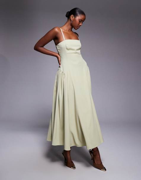 Rare London bandeau hip gather detail midi dress in olive - view 1