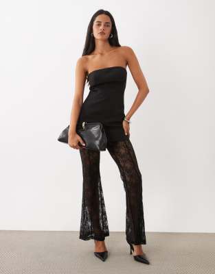 Rare London Bandeau Lace Trouser Jumpsuit In Black