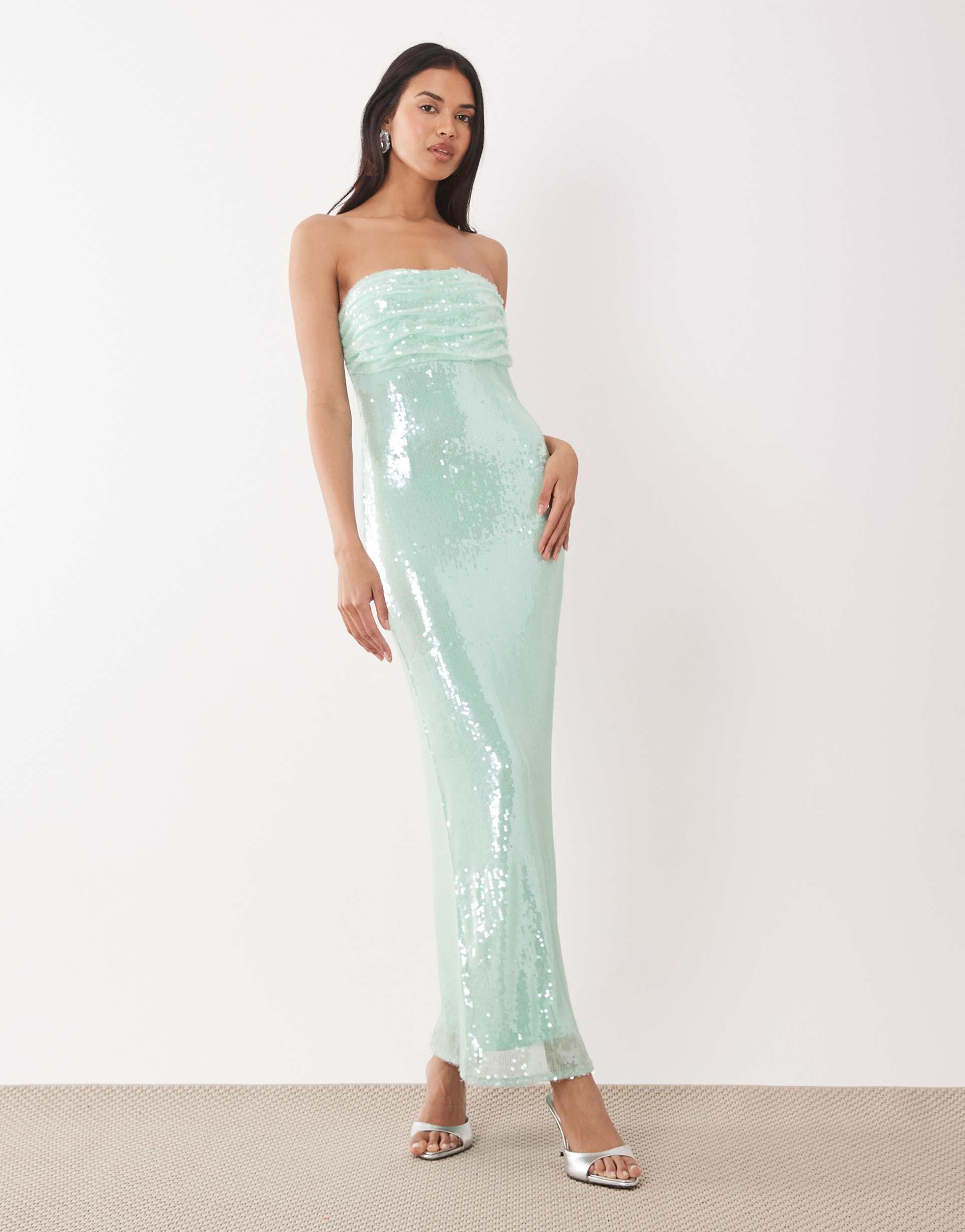 rare london bandeau ruched bust sequin maxi dress in mint
