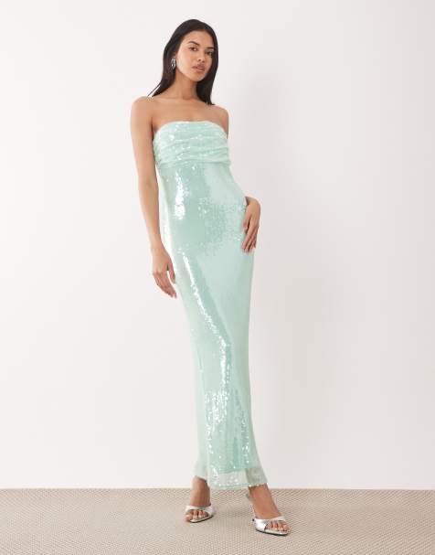 Rare London bandeau ruched bust sequin maxi dress in mint