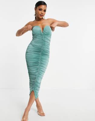 Rare London bandeau ruched midi dress in sage-Green