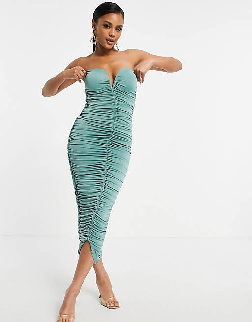 Rare London bandeau ruched midi dress in sage