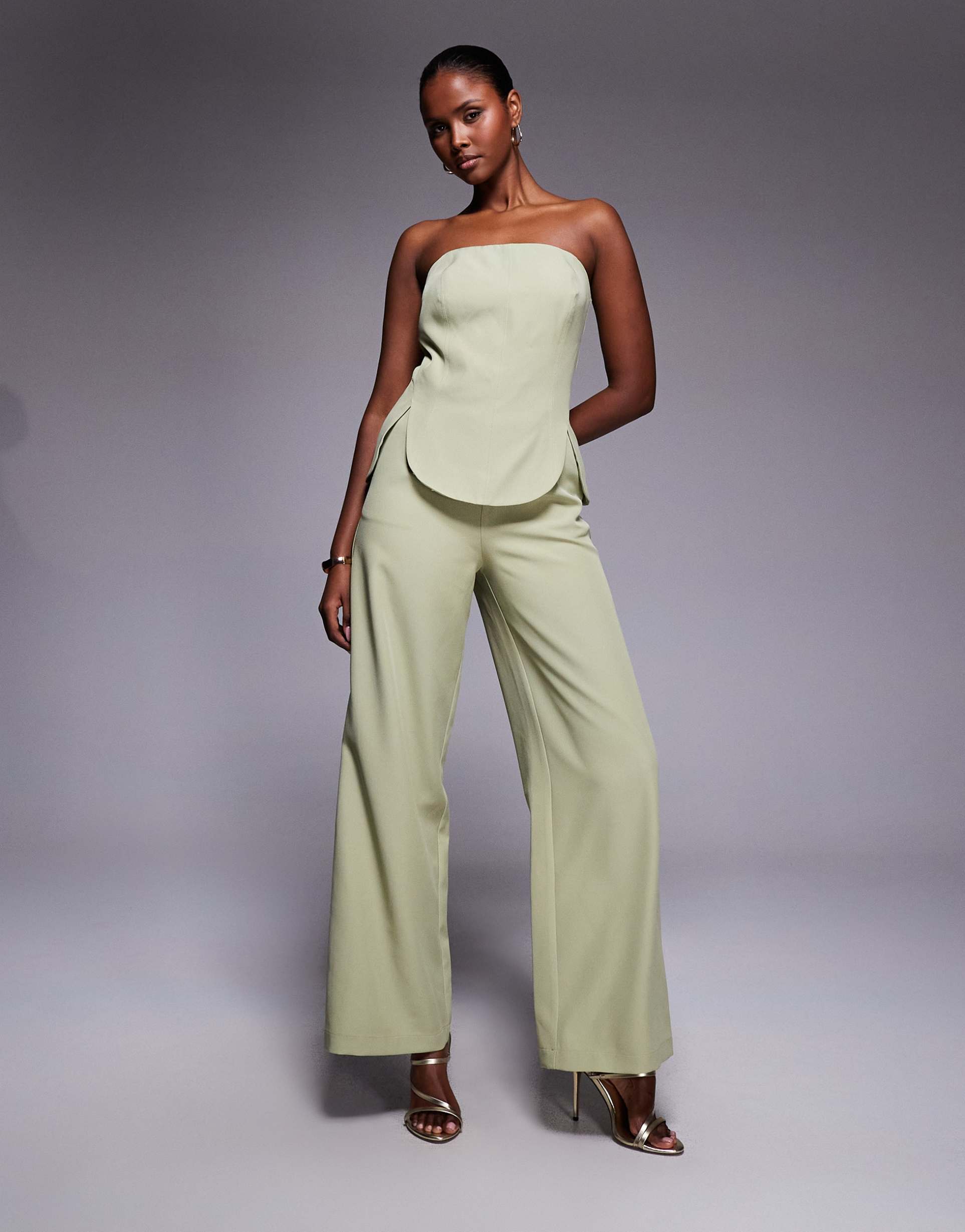 rare london bandeau scallop hem jumpsuit in washed olive