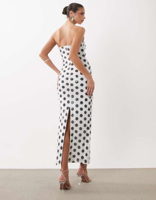 Rare London bandeau sequin maxi dress in mono polka dot, 4 of 4