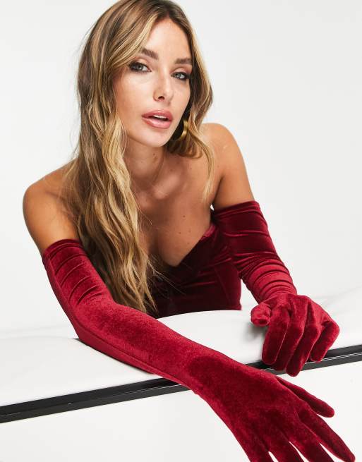 Rare London bandeau velvet mini dress with gloves in red