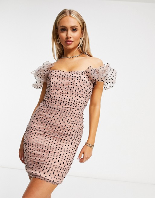 Rare London bardot dobby mesh bodycon dress in pink polka