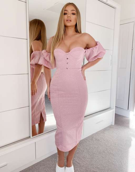 Pink bardot midi clearance dress