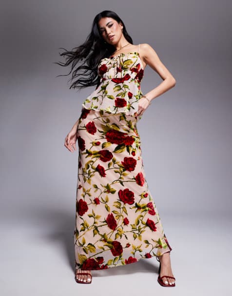 Rare London maxi skirt co-ord in beige rose print