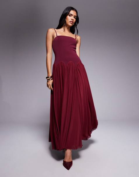 Rare London cami scallop drop waist pleated maxi dress in burgundy
