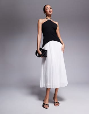 London bow detail halterneck dropped waist pleated midi dress in black & white mono-Multi