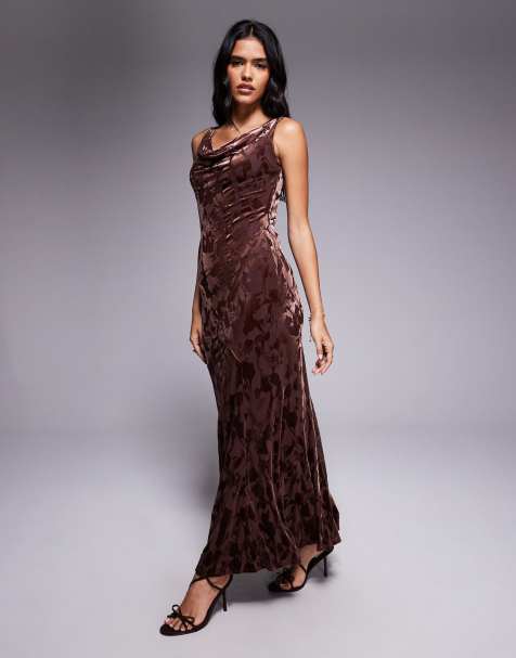 Rare London fallen shoulder burnout floral maxi dress in brown