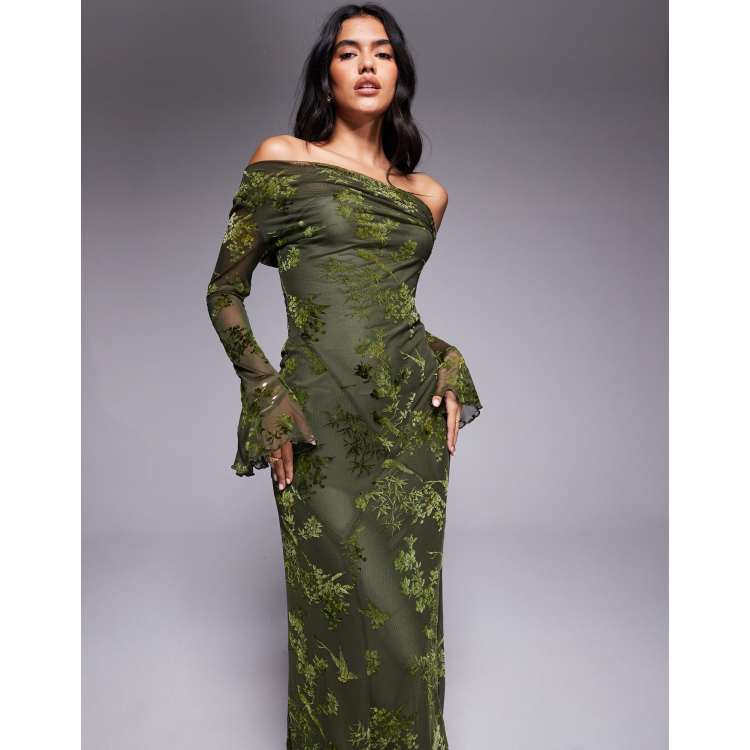 azura off the shoulder maxi dress green burnout 70s Green Tan Stripe Floral Cotton Maxi Dress with Shawl main image 0