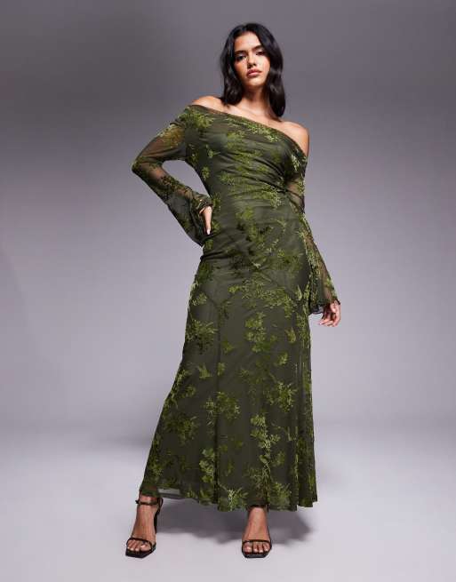 Rare London burnout fallen shoulders flare sleeve maxi dress in olive floral