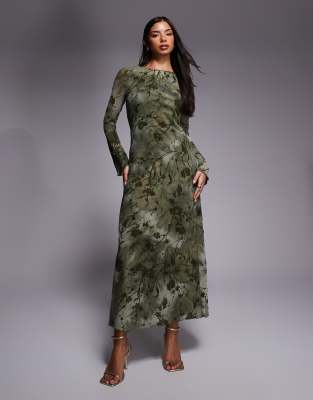 Rare London Burnout Floral Print Mesh Long Sleeve Tie Front Detail Maxi Dress In Green
