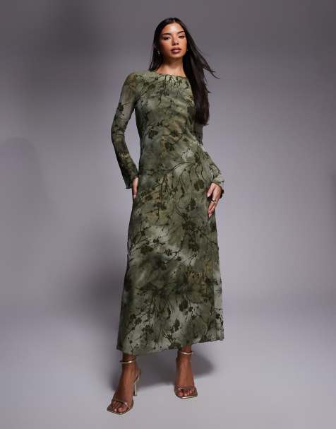 Rare London burnout floral print mesh long sleeve tie front detail maxi dress in green - view 1
