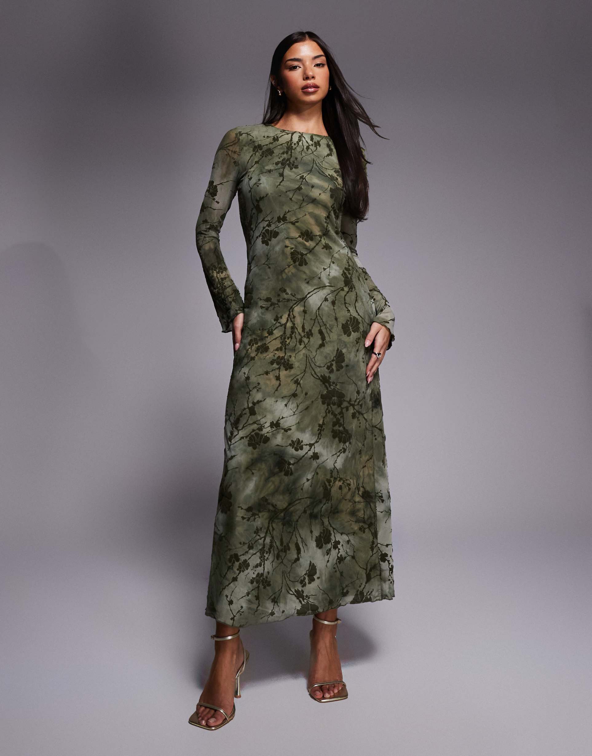 rare london burnout floral print mesh long sleeve tie front detail maxi dress in green
