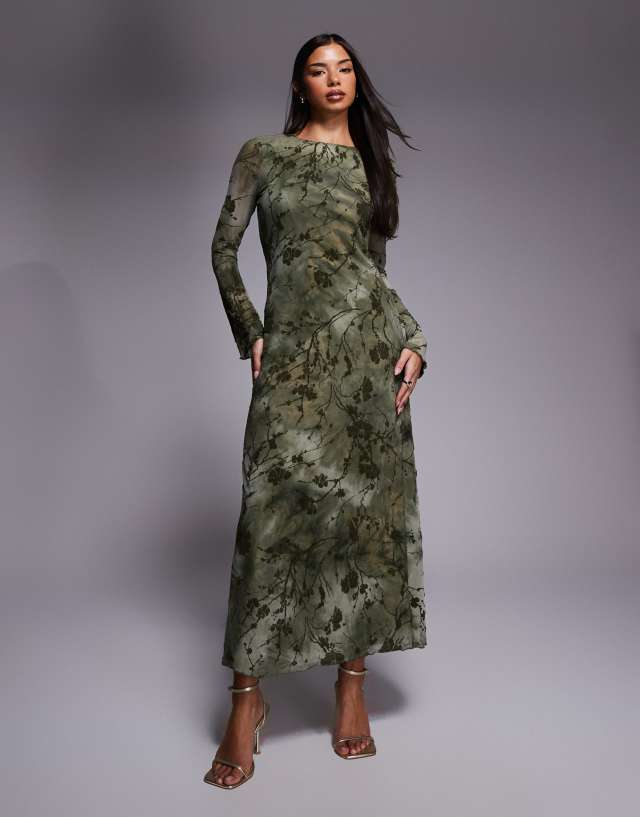 uo green bloom mesh maxi dress Rare London burnout floral print long sleeve tie front detail in size-l