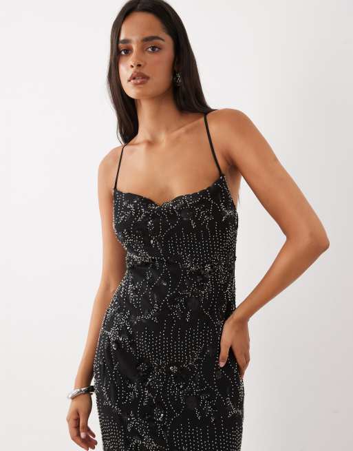 Rare London cami beaded sequin chiffon maxi dress in black, 2 of 4