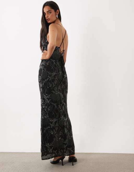 Rare London cami beaded sequin chiffon maxi dress in black, 3 of 4