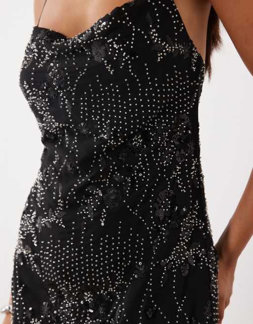 Rare London cami beaded sequin chiffon maxi dress in black, 4 of 4