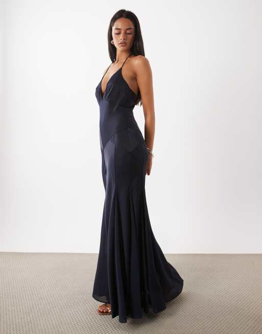 Rare London cami halterneck patchwork fishtail skirt maxi dress in navy, 2 of 4