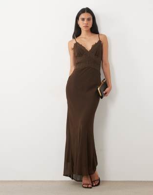 Rare London Cami Lace Trim Chiffon Maxi Dress In Brown
