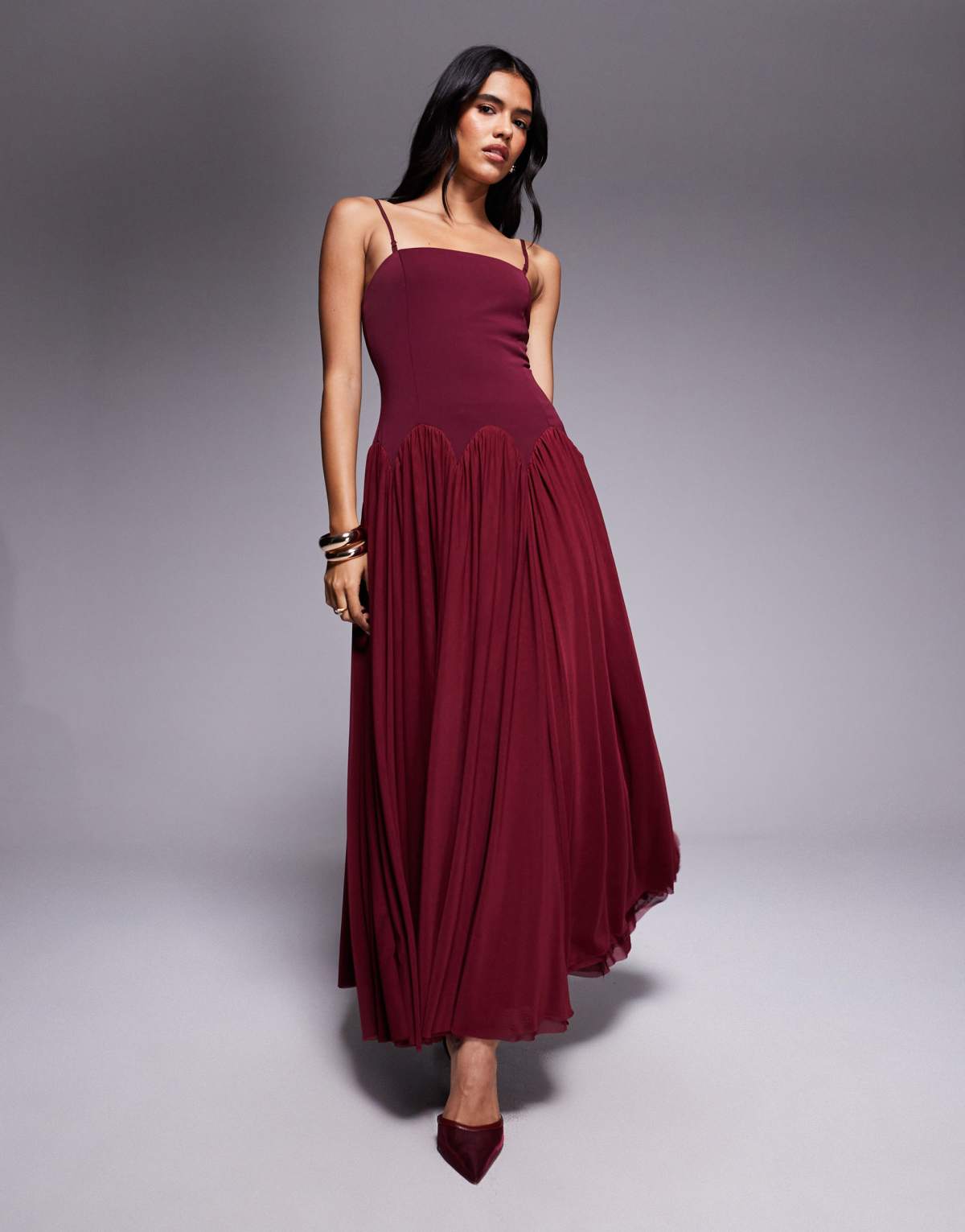 Rare London cami scallop drop waist pleated maxi dress in burgundy