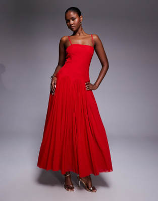 Rare London Cami Scalloped Drop Waist Pleated Maxi Dress In Red