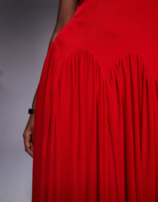 rare london red dress Red Ruffle Side Split Maxi Dress  Rare London
