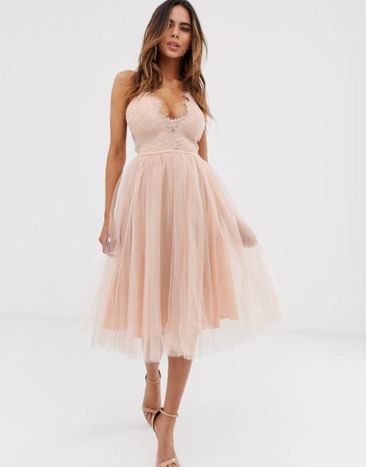 Rare London cami strap dress with cup detail and tulle skirt in soft pink